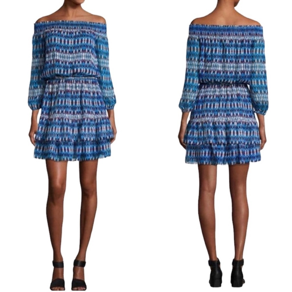 Shoshanna Roselyn Blue Silk Off the Shoulder Blouson Dress 4
